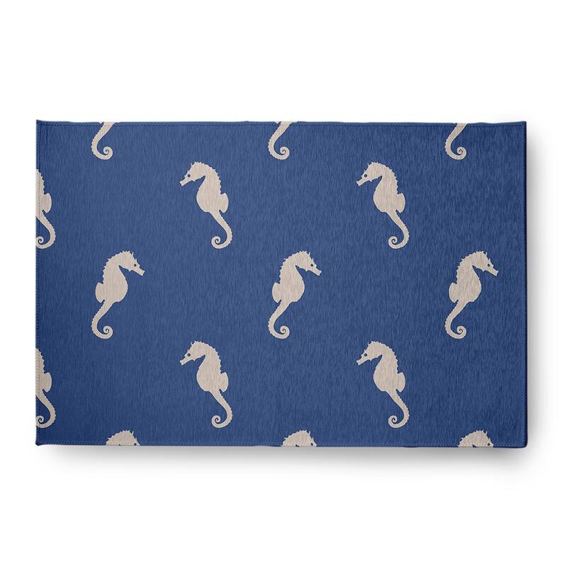 Sea Horses Beach Style Chenille Area Rug - Nautical Navy - 4' x 6'