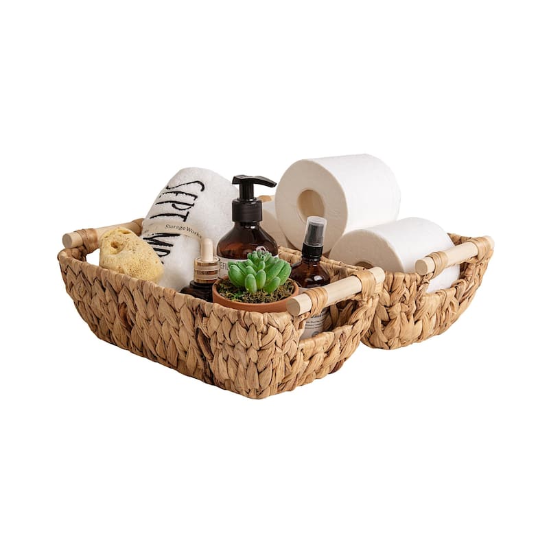 2-Pack Hand-Woven Storage Baskets with Wooden Handles, Wicker Basket for Organizing, Gift Choice - Small - Water Hyacinth