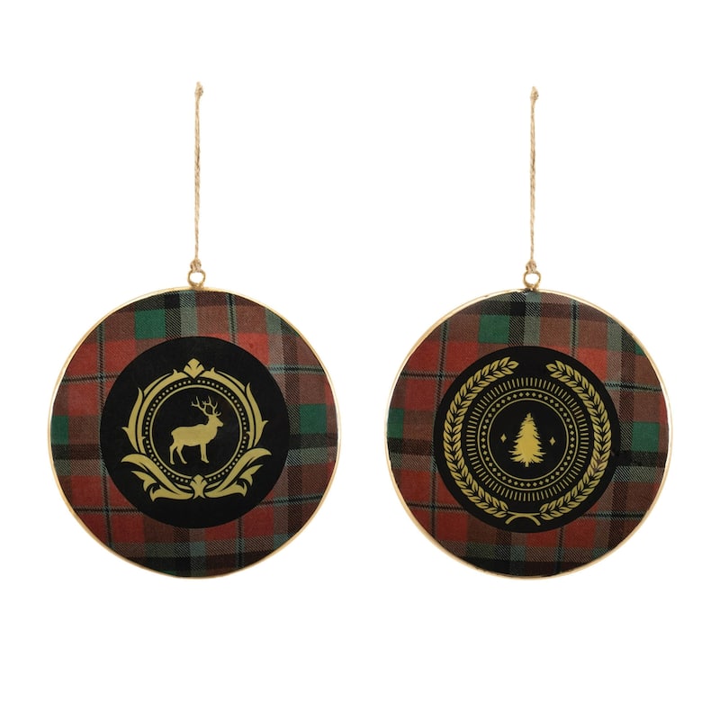 Metal Deer and Pine Tree Plaid Christmas Disc Ornaments - 6" - 6ct