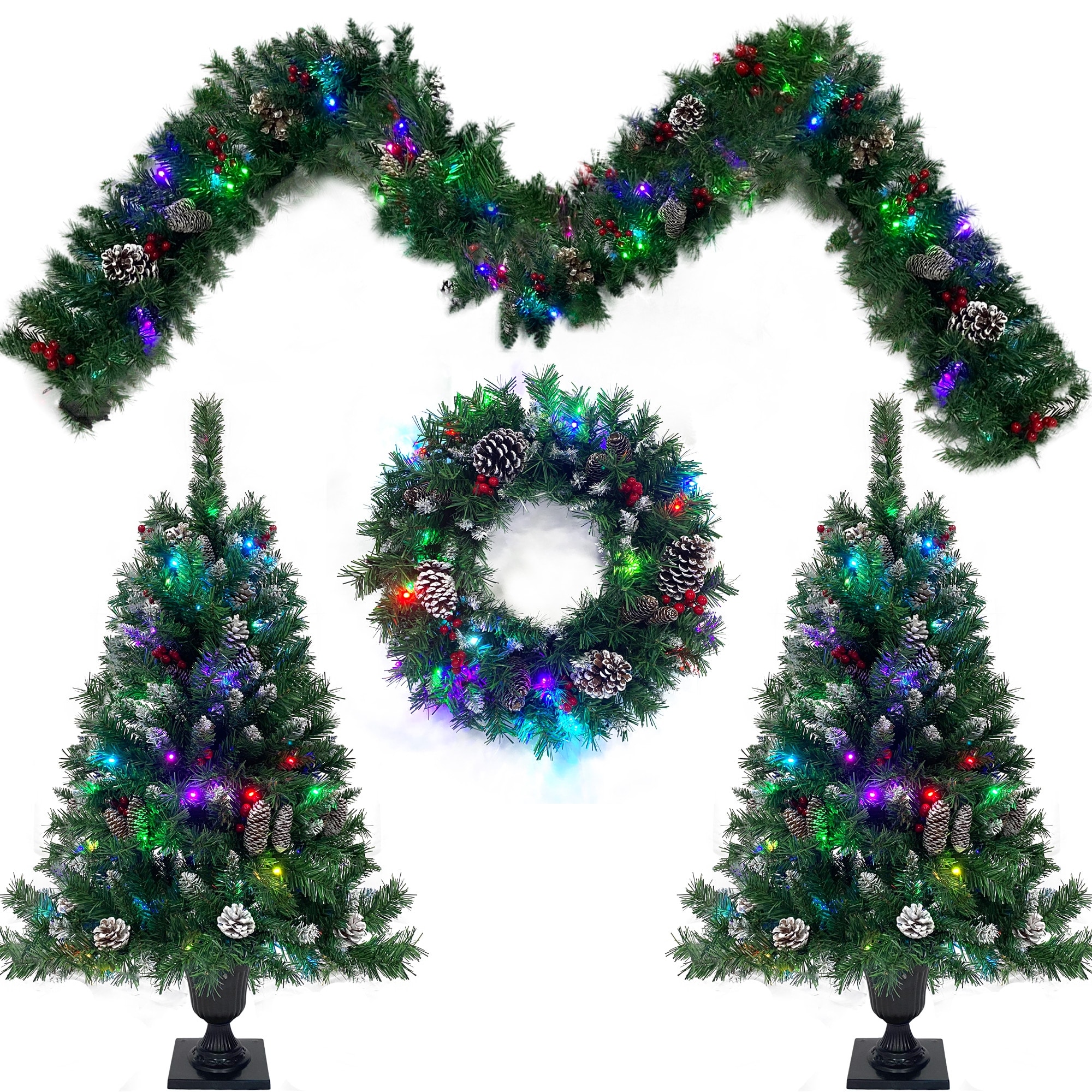 Pre-lit Xmas Tree Artificial Christmas 4-Piece Set,Garland, Wreath