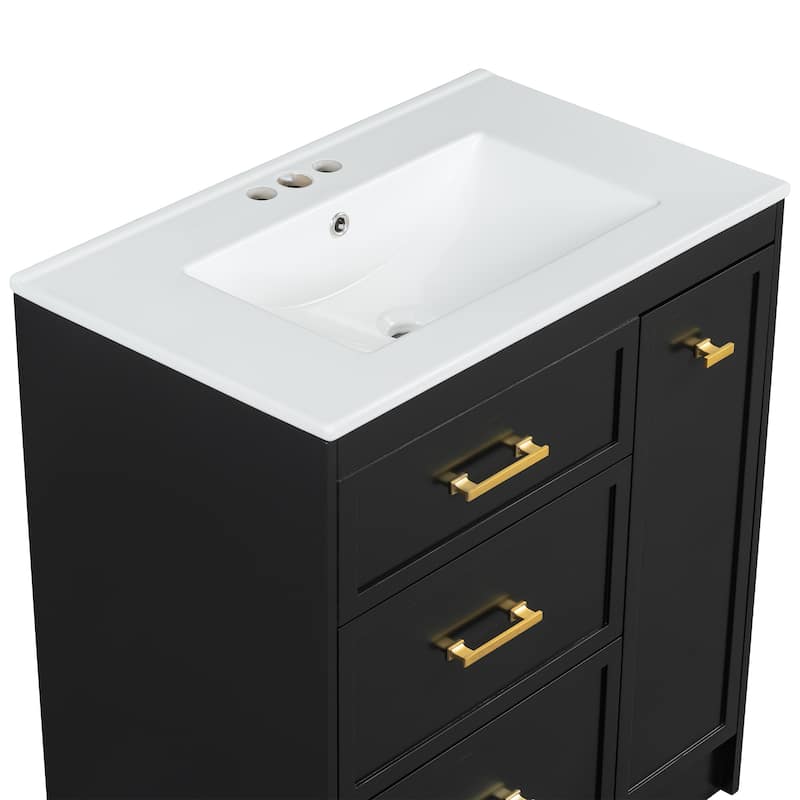 Classic Floor Storage Cabinet Freestanding Vanity for Bathroom with Side Double Layer Drawer, 2 Drawers and Gold Handles