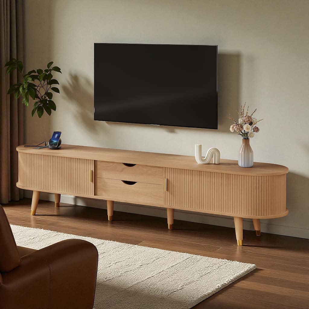 74.8'' Mid-Century Wooden Oval Fluted TV Stand with Charging Station, Sliding Tambour Door & Drawers for 80'' TV
