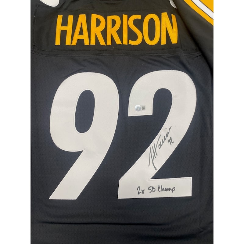 James Harrison Autographed Pittsburgh Steelers Signed Mitchell and Ness Football Jersey 2 x SB CHAMP Beckett COA - 2 x 5