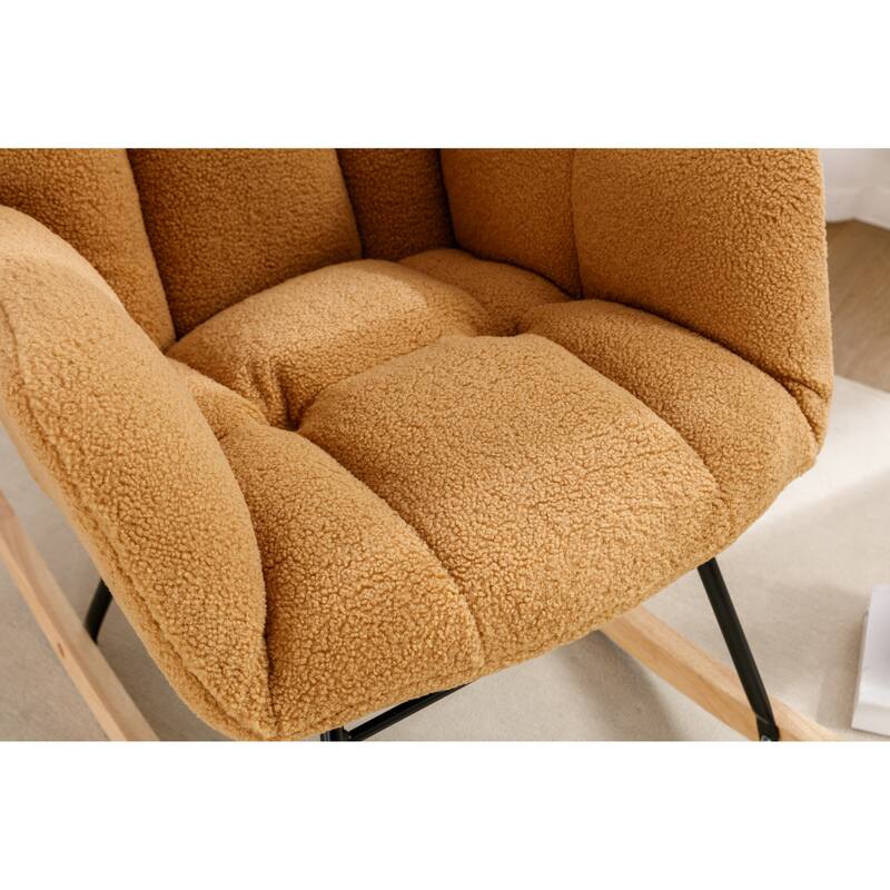 Teddy Fabric Upholstered Glider Rocker, Reading Chair with Thick Padded Seat, High Backrest Armchair with Wooden Legs