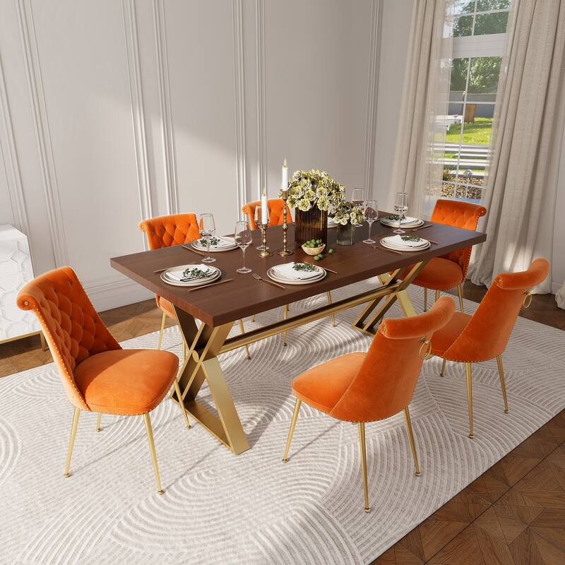 7-Piece Clihome Walut Wood Dining Table with Velvet Chair Dining Chair - Orange