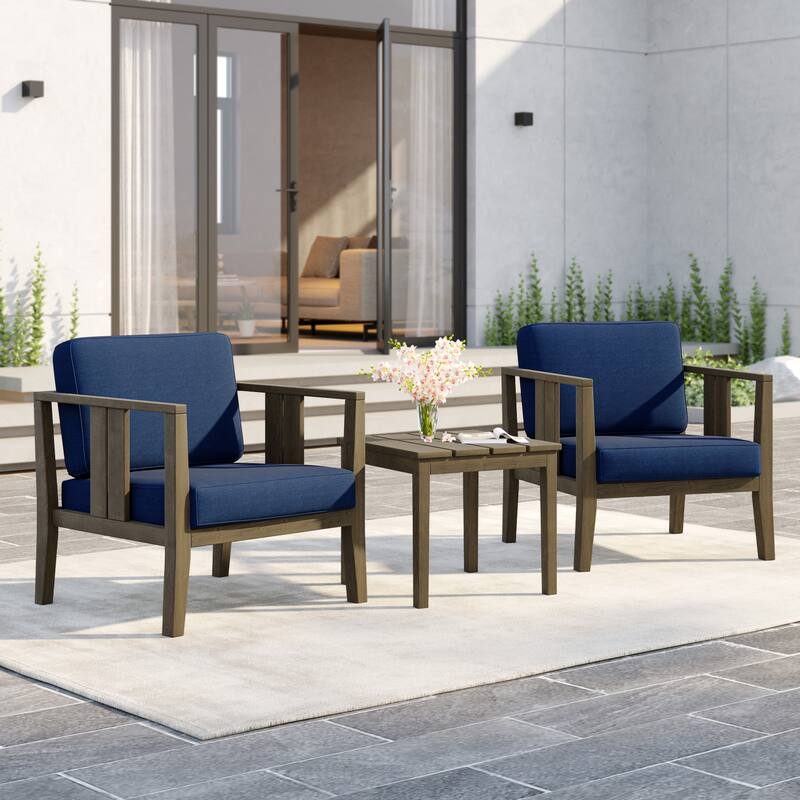 Uixe 3-piece Teak Solid Wood Outdoor Arm Chairs with Side Table Set - Natural frame-Navy