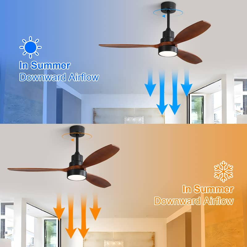 52"/60"/48" Noiseless Walnut Wood Ceiling Fan with Remote Control, Integrated Light Optional