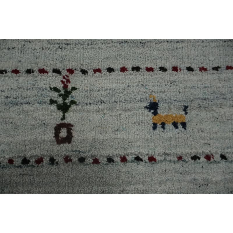 Hand Knotted Oriental 100% Wool Carpet Tribal Animal Pictorial Navy Blue & Blues Gabbeh Runner Rug - 9' 7'' X 2' 4''