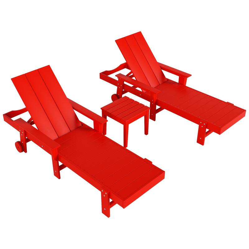 Polytrends Shoreside Modern Poly Reclining Eco-friendly Chaise Lounge With Arms, Wheels, and Side Table (3-Piece Set)
