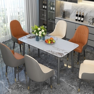 55” Rectangular Kitchen Dining Table Sintered Stone Tempered Glass Top with Metal Frame Table