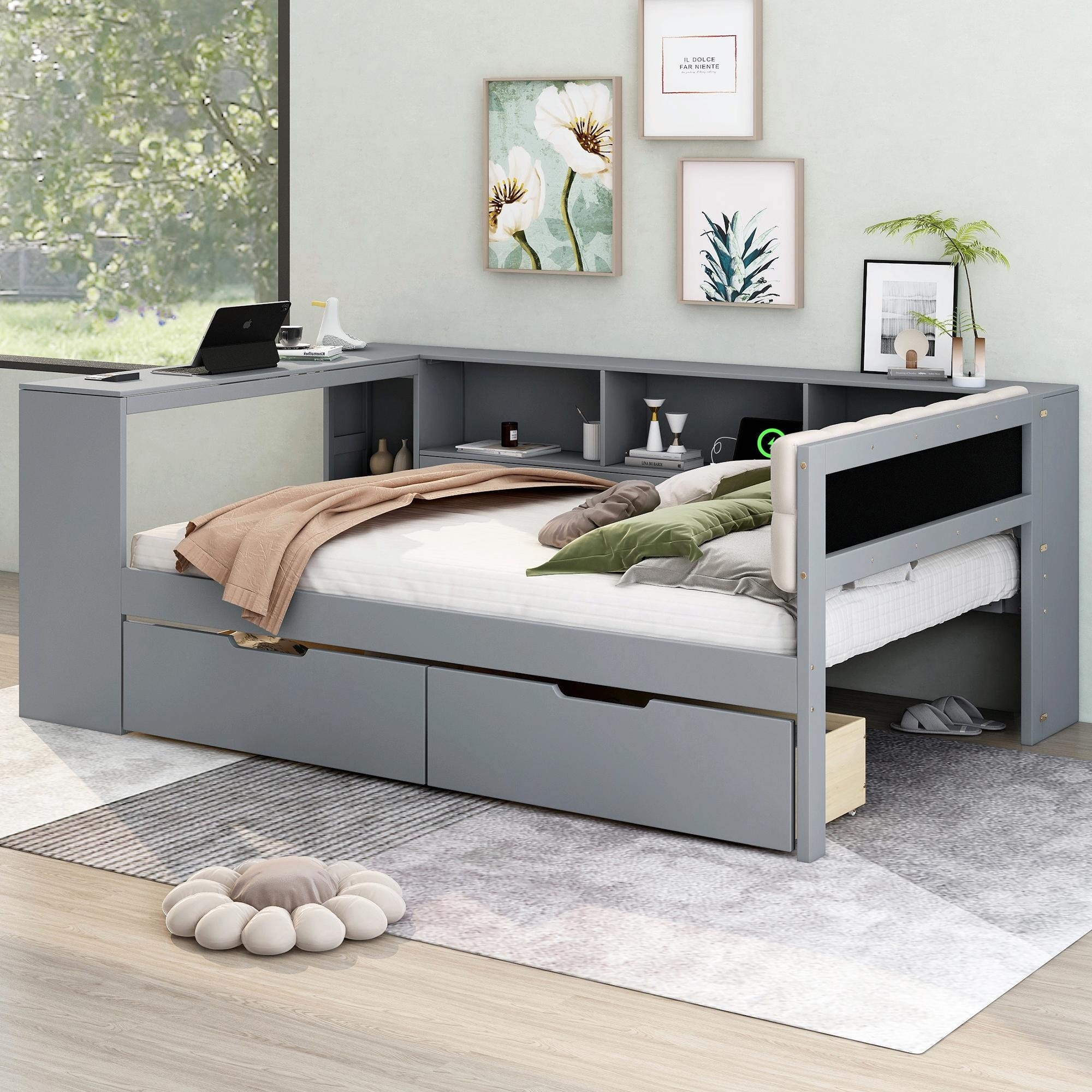 Wood Platform Bed with Storage Shelves, Drawers, Charging Station, and Upholstered Headboard