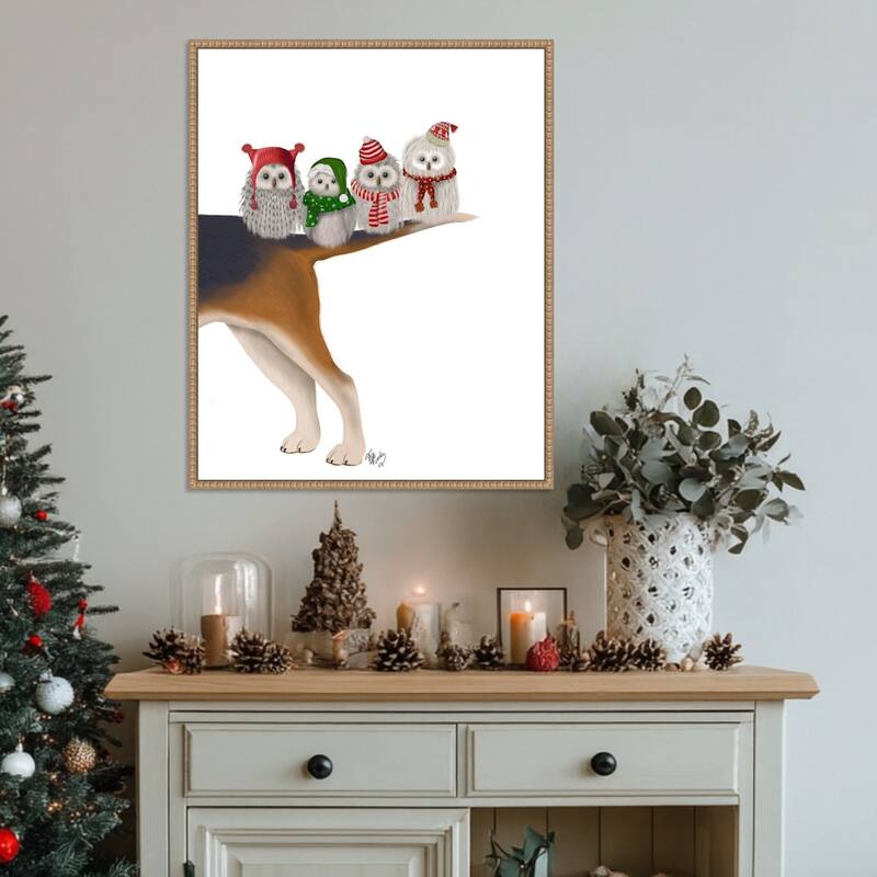 Christmas Bummer Owls by Fab Funky (23 x 28 in.), Framed Canvas Wall Art Print - Sylvie Beaded Rustic Natural
