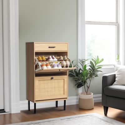 Real Rattan Shoe Cabinet with 2 Flip Drawers & 1 Small Drawer