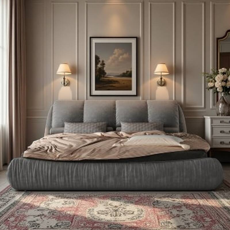 King Size Upholstered Bed Frame with Extra-Wide Cushioned Headboard, Solid Pine Slats & Adjustable Mattress Height - Queen Grey - Queen