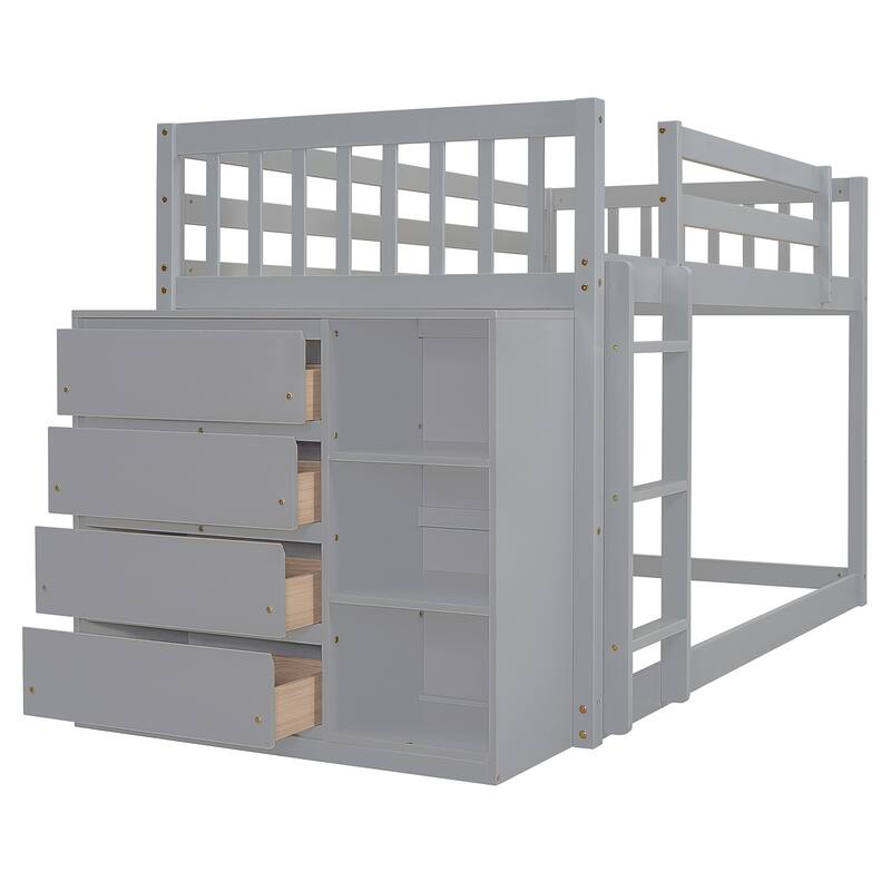Twin Over Twin Size Bunk Platform Bed Frame with 4 Storage Drawers and 3 Shelves, Solid Wood, Space-Saving Design for Bedroom