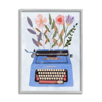 Stupell Floral Arrangement Botanicals Blue Vintage Typewriter Collage Framed Wall Art