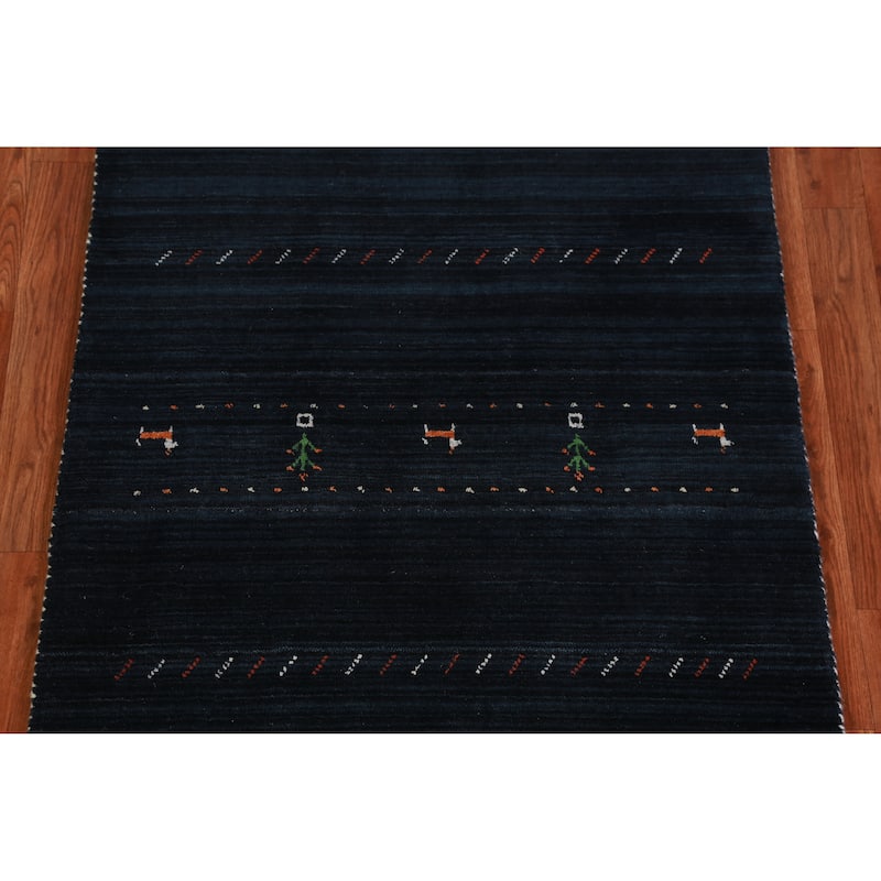 Dark Navy Blue Tribal Gabbeh Oriental Rug Hand-Knotted Wool Carpet - 3'0" x 5'0"