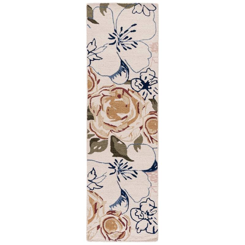 SAFAVIEH Handmade Jardin Roqhaia Floral Wool Rug - 2'3" x 8' Runner - Ivory/Pink