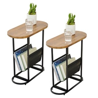 Oval-Shaped Acacia Wood Top Side Table with Magazines Organizer Storage ...