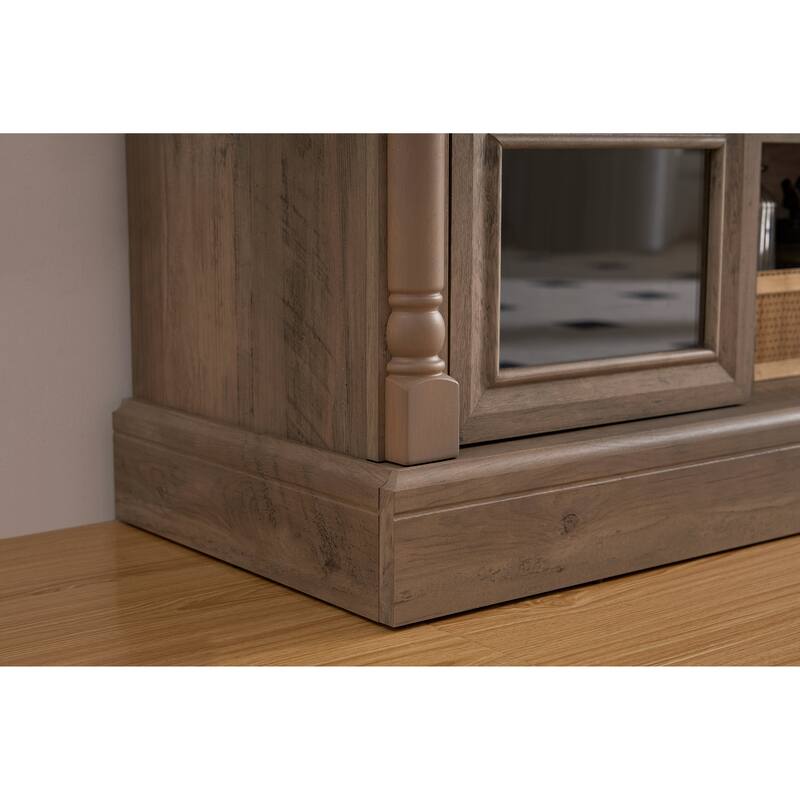 Farmhouse-Style Fireplace TV Stand up to 80-Inch TV with LED Lights, Glass Door Cabinets and Drawers, for Living Room