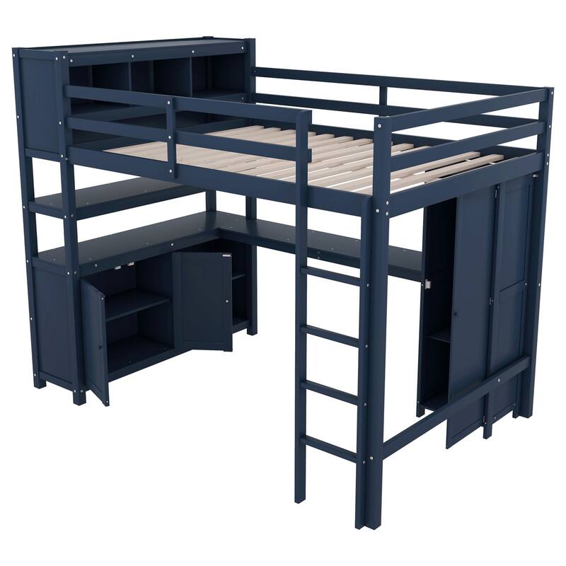 Wood Full Size Loft Bed Frame with Cabinet, Bookshelf and Wardrobe