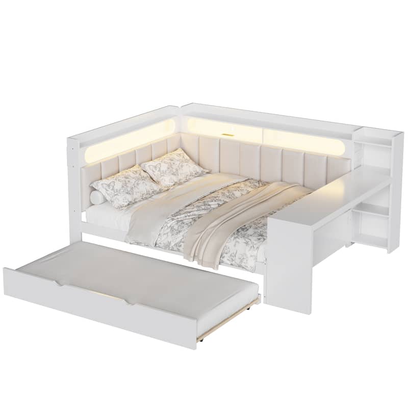 Roomfitters Full Daybed with Trundle, Charging Station and Upholstered Headboard