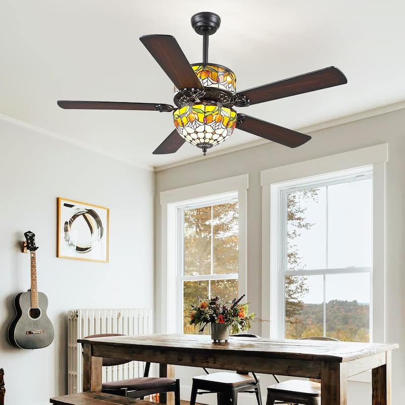 50" TiffanyTropical Ceiling Fan with 5 Palm Leaf Bllades and Vintage Cover Waterproof for Indoor and Outdoor Patio