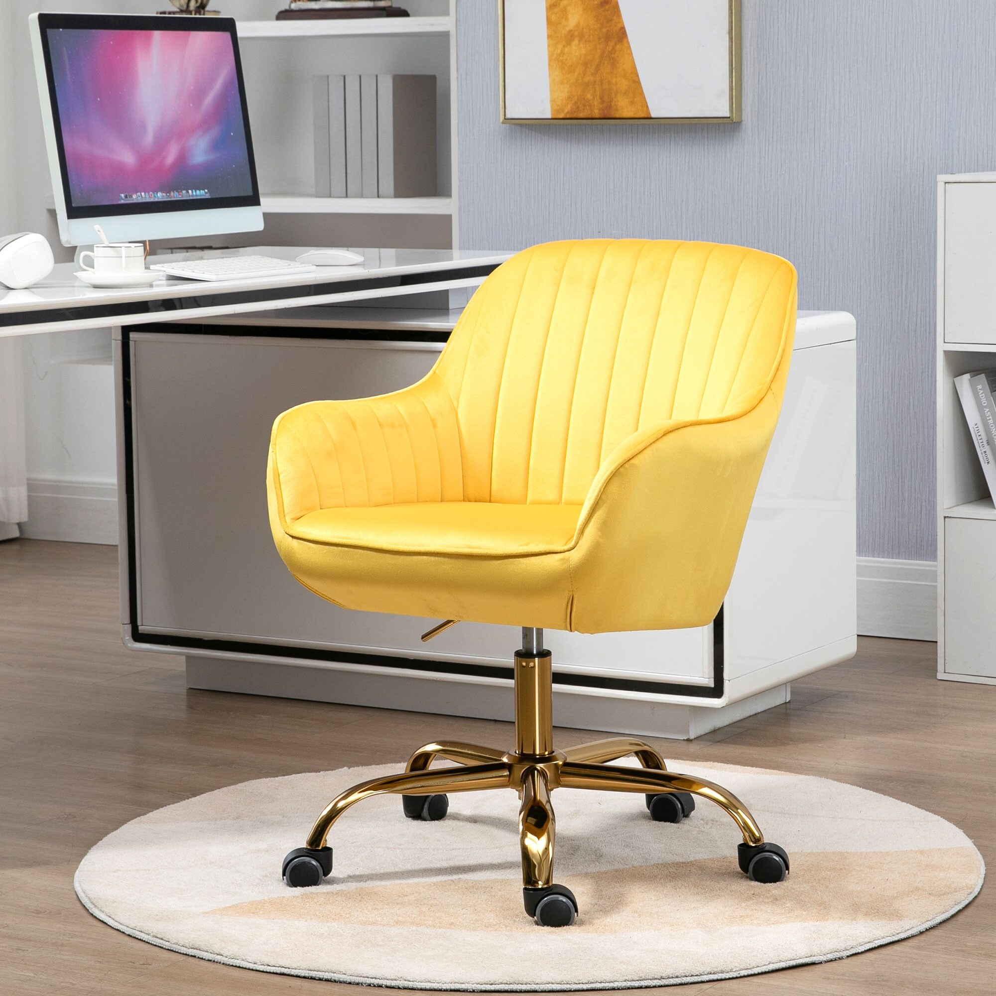 Nordic Modern Velvet Swivel Chair with Golden Base Wheels