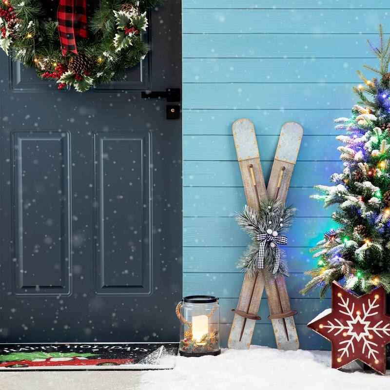 Glitzhome 35"H Christmas Wooden/Galvanized Ski Decor