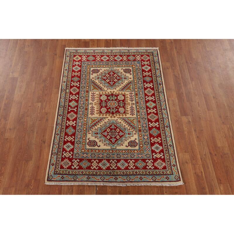 Geometric Beige Kazak Accent Rug Hand-Knotted Oriental Wool Carpet - 3'4" x 4'9"