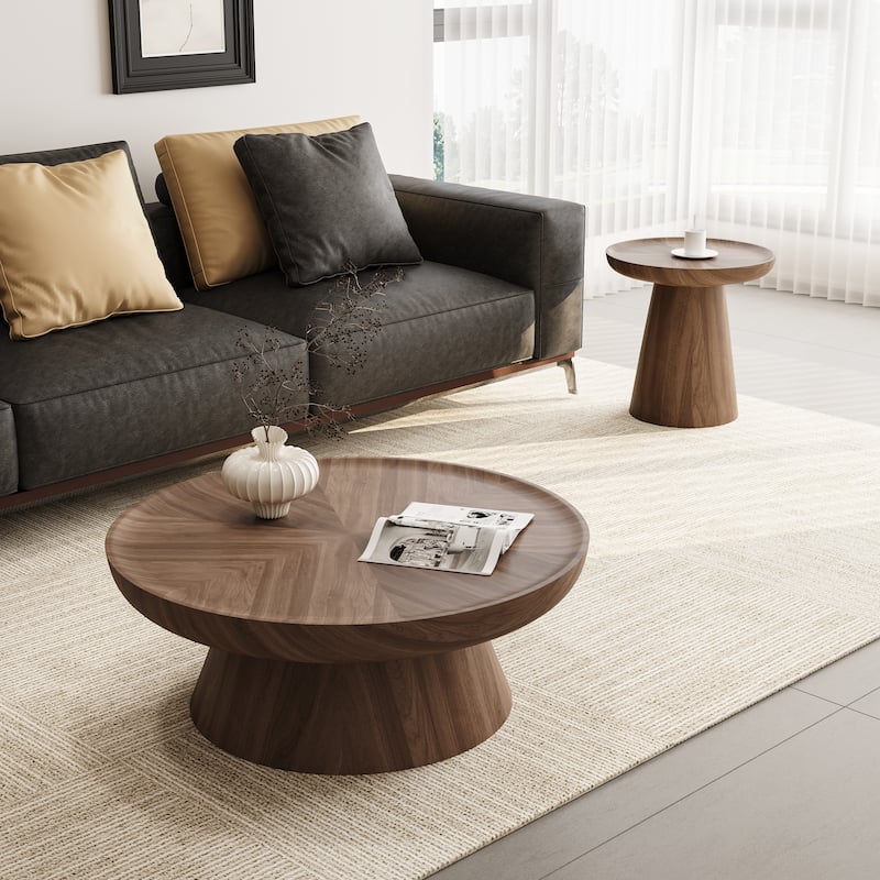 Round Walnut Nesting Coffee Tables 2-Piece Set - Modern Living Room Wooden Accent Tables, Stackable & Separable