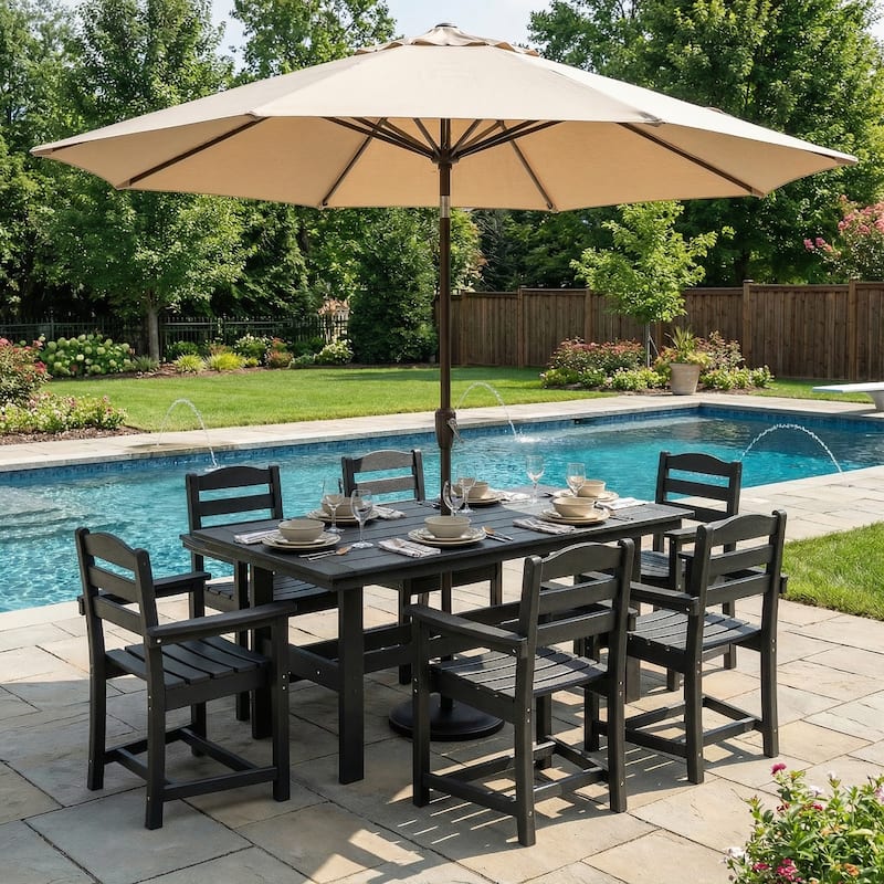 bronze rectangular patio table with umbrella hole 67.7" Patio Rectangular Cast Aluminum Dining Table with Umbrella Hole &  Tile Tabletop - On Sale - Bed Bath & Beyond