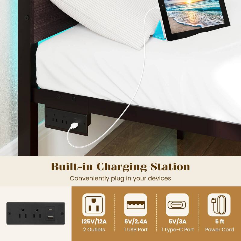 Costway Full Size Bed Frame with Built-in Charging Station Sturdy