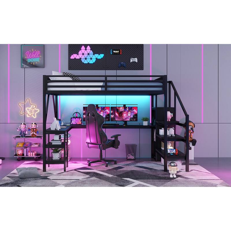 Roomfitters Full/Queen Loft Platform Bed, L-Shaped Desk and LED Wardrobe with Metal Frame for Bedroom or Guest Room