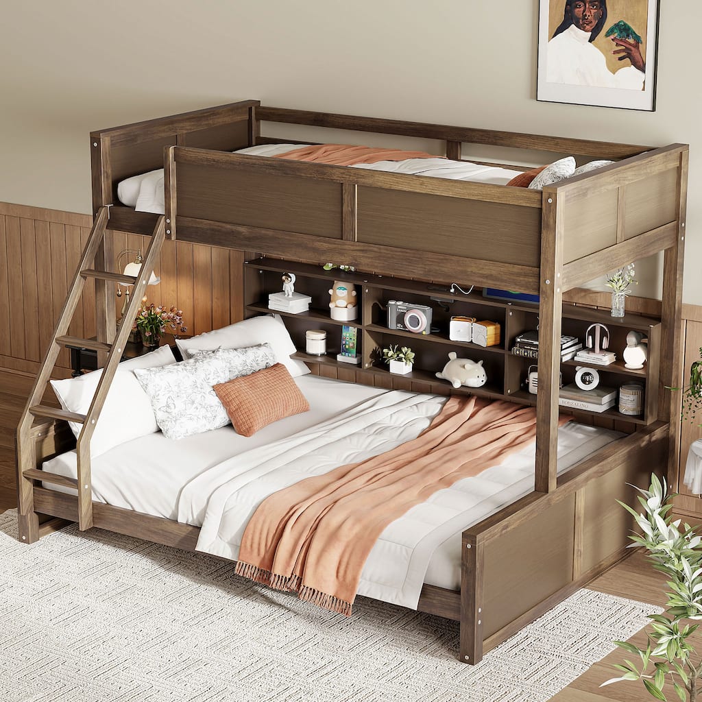 Twin XL over Queen Bunk Bed with Storage Cabinets and USB Ports in Antique Wood Finish