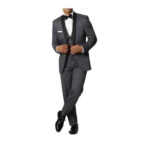 Men's One Button Tuxedo Shawl Black Lapel Gray Vested Suit By Alberto Nardoni Brand Designer