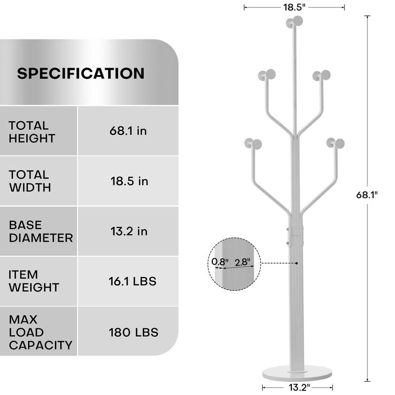 Freestanding Metal Coat Rack with 10 Hooks and Heavy Duty Marble Base - 68.1"H x 18.5"W(top) x 13.2"Dia(base)