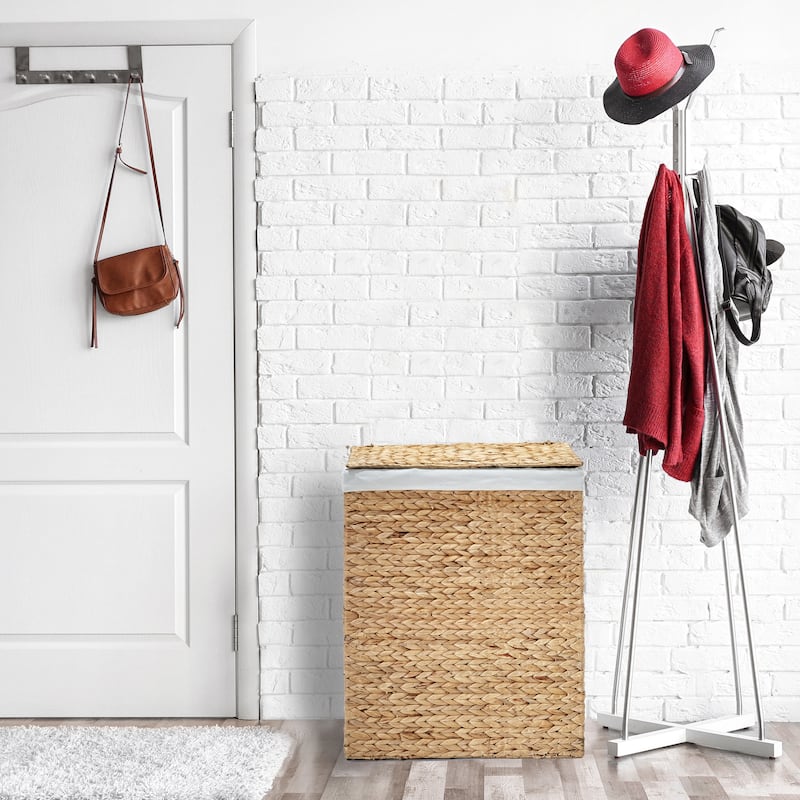 Seville Classics Lidded Foldable Water Hyacinth Portable Rectangular Laundry Hamper Basket with Washable Liner