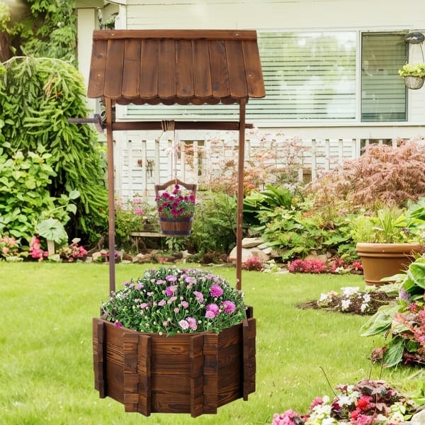 Wooden Wishing Well Outdoor Planters, Height Adjustable Hanging Bucket, Rustic Flower Pot Home Decor for Outside Patio Garden - Natural
