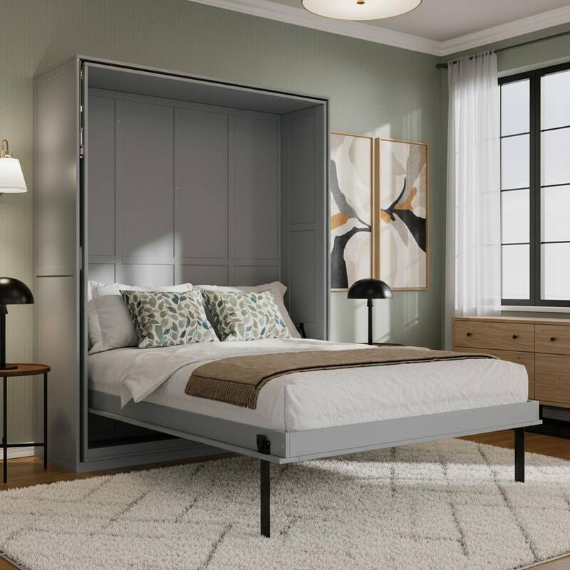 360° Rotating Queen Murphy Bed Cabinet with 14-Shelf Hidden Bookcase by Harper&Bright Designs