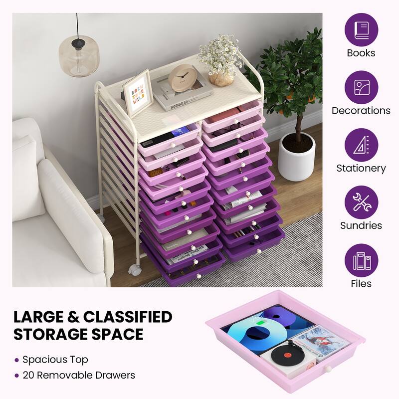 Gymax 20 Drawers Rolling Storage Cart Art Craft Organizer on Wheels
