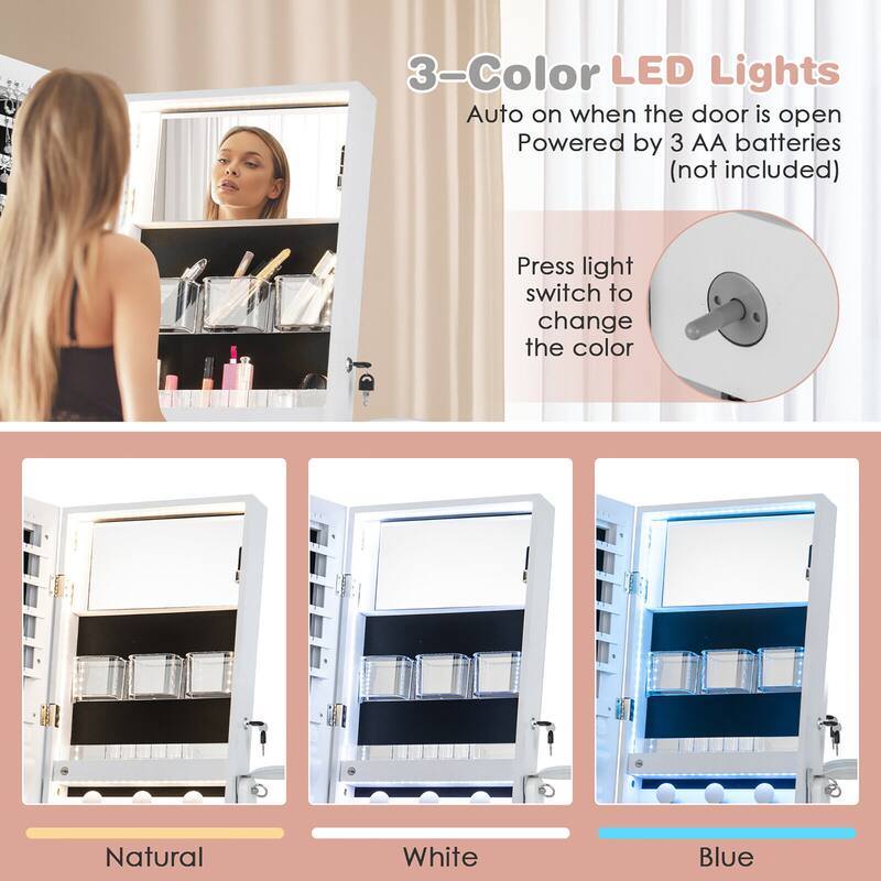 Gymax Standing Jewelry Cabinet Full Length Mirror Lockable w/ 3-Color