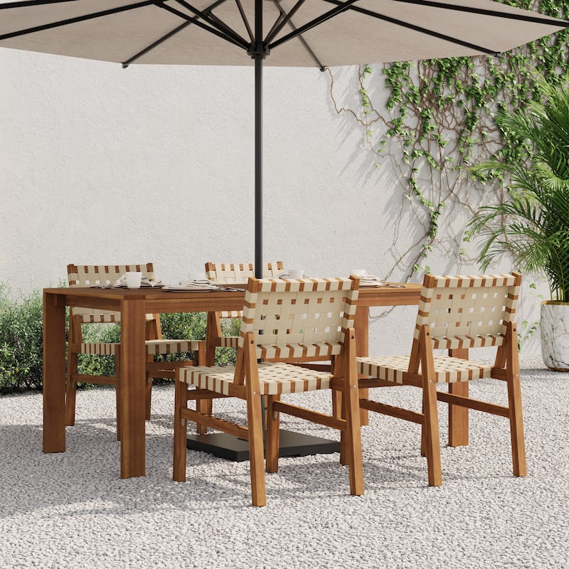 Christopher Knight Home - Orla Outdoor Acacia Wood Dining Set with Woven Rope Side Chairs & Rectangular Slat Table - 5-Piece Set-Teak Finish+Beige