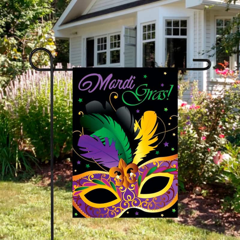 Feathered Mask "Mardi Gras!" Outdoor Garden Flag 18" x 12.5" Black Purple