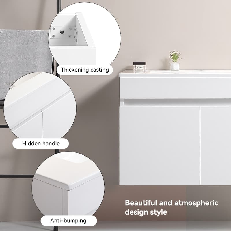 30 in. W x 19 in. D x 20 in. H Wall Mounted Bathroom Vanity with White Ceramic Basin,Two Soft Close Cabinet Doors