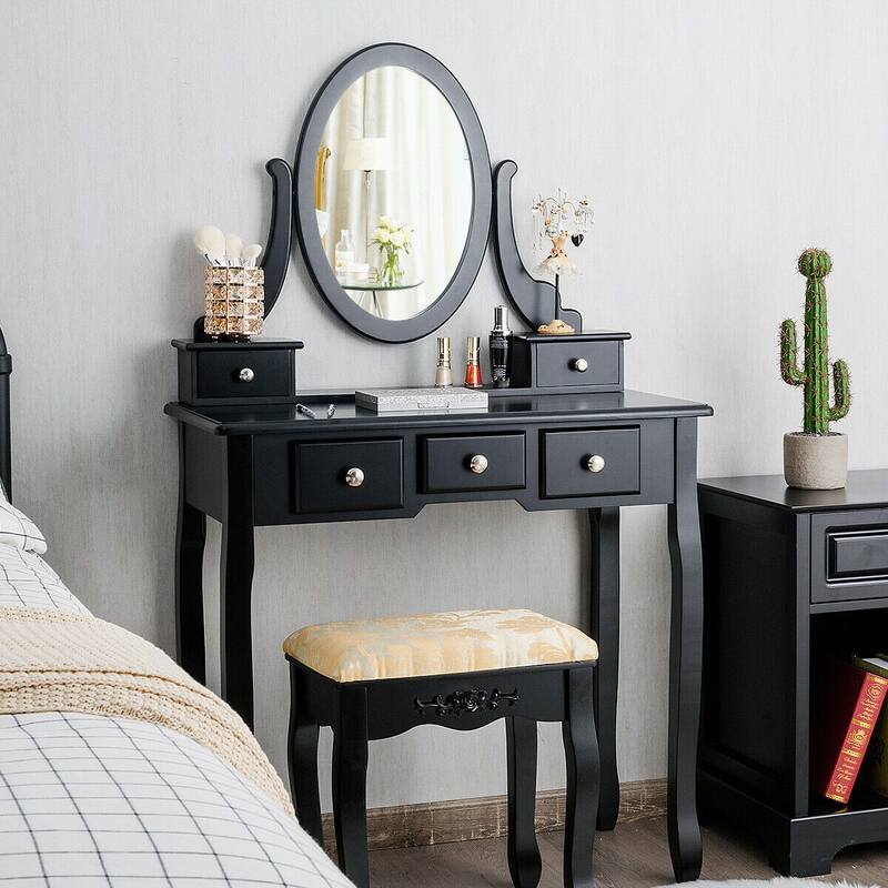 Costway Vanity Table Dressing Table 5 Make Up Table Stool - Black