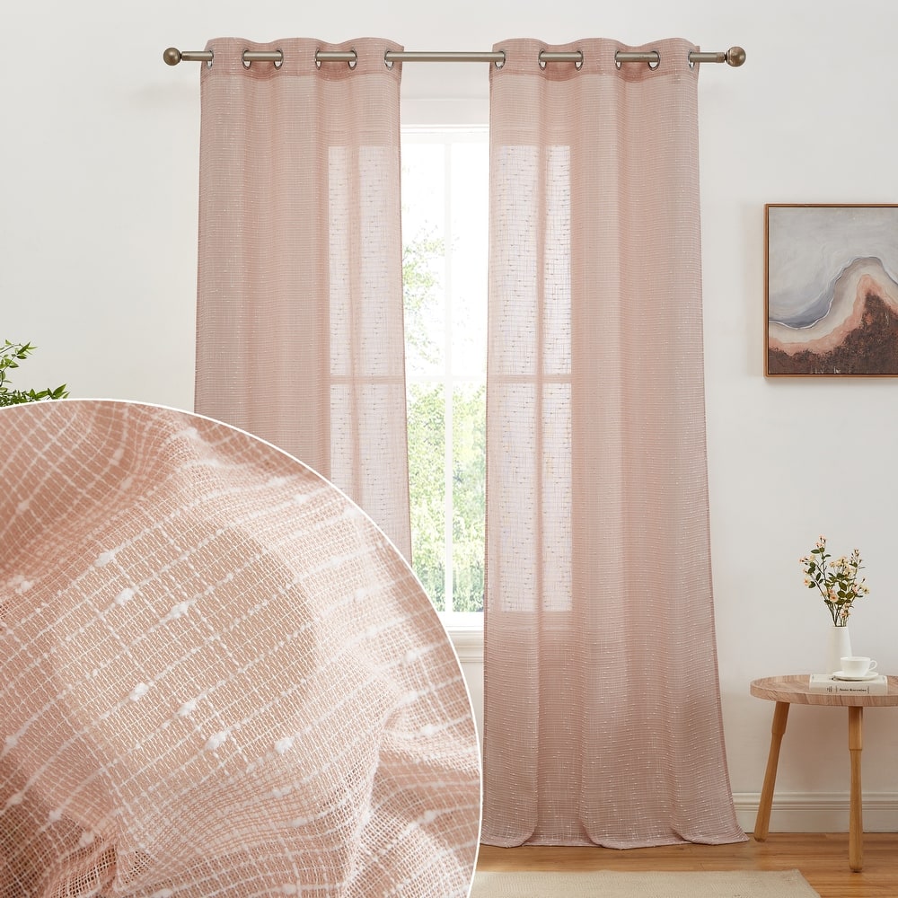 HLC.ME Emily Faux Linen Semi Sheer Light Filtering Transparent Grommet Lightweight Window Curtains Drapery Panels, 2 Panels