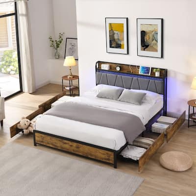 Storage Headboard with Charging Station and 4 Storage Drawers