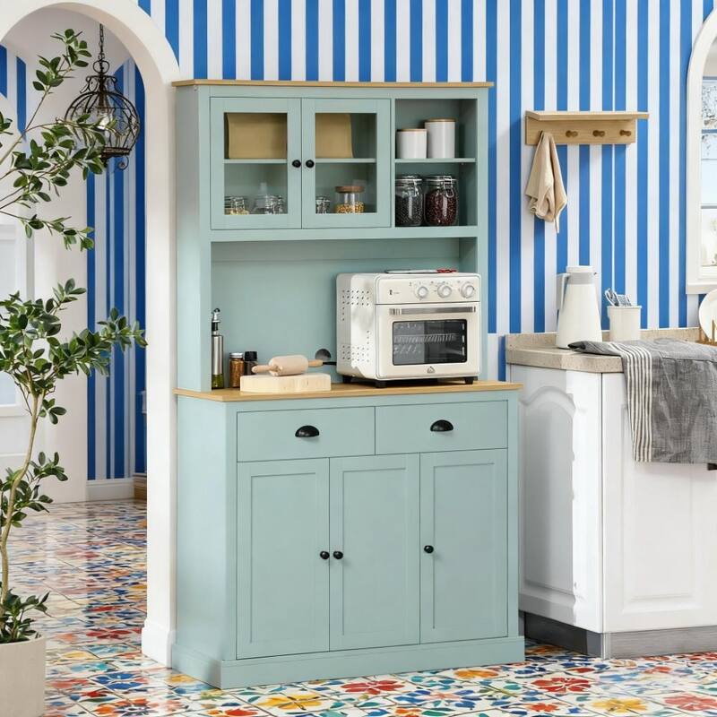 Light Blue Pantry Storage Cabinet Freestanding Kitchen Buffet with Hutch with Drawers, Glass Doors, and Adjustable Shelves - Light Blue