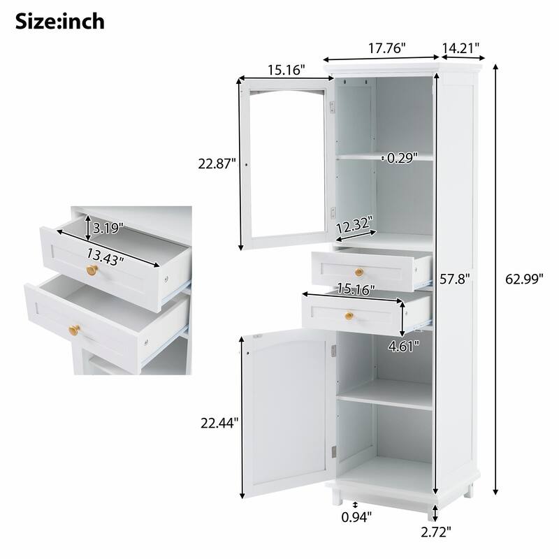 Tall Free-Standing Bathroom Storage Cabinet with Glass Doors and Two Drawers